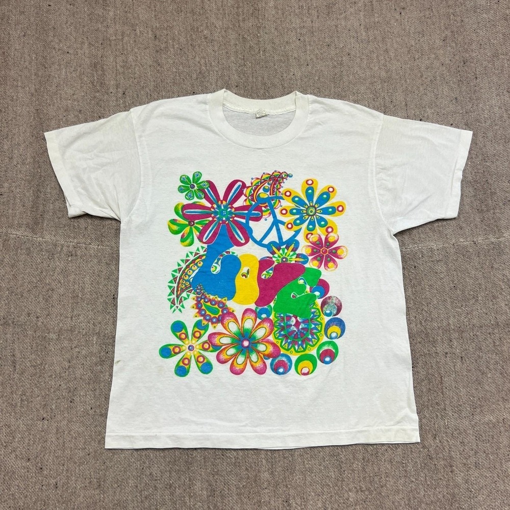 Vintage Love Shirt Mens Large White 1980s Hippie Floral